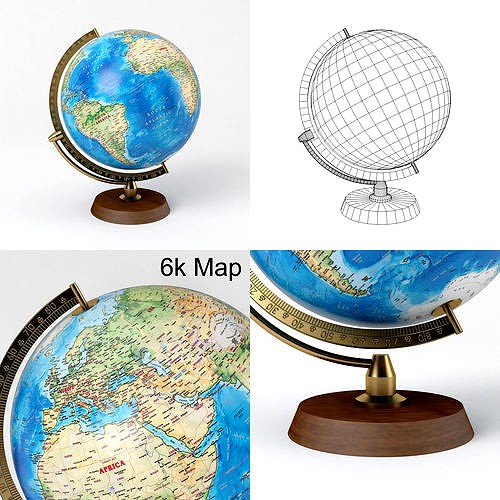 Earth Globe with Wooden Stand and Brass Elements - World Map