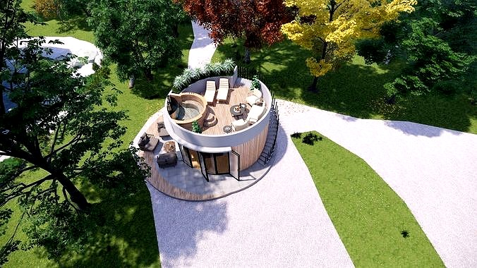 glamping pod with fireplace and hot tube on roof top