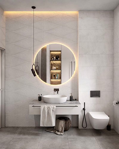 Grey bathroom interior scene