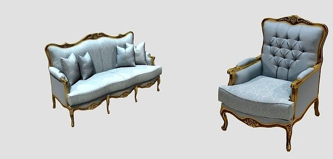 Royal blue - gold chair and sofa set