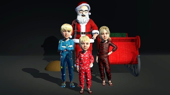 Santa Claus and Three Kids Full Rigged 3D model