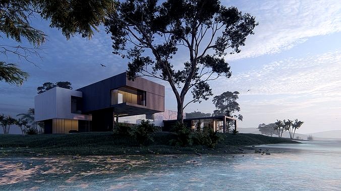 Modern beach house with 3d grass