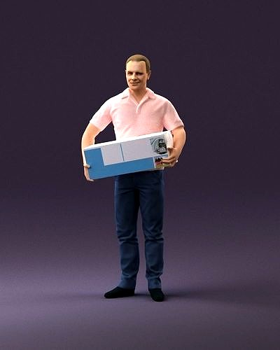 man in white polo jeans box in hands 1094