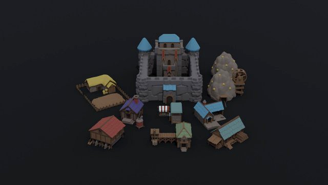 Low-poly cartoon medieval fantasy city buildings kit