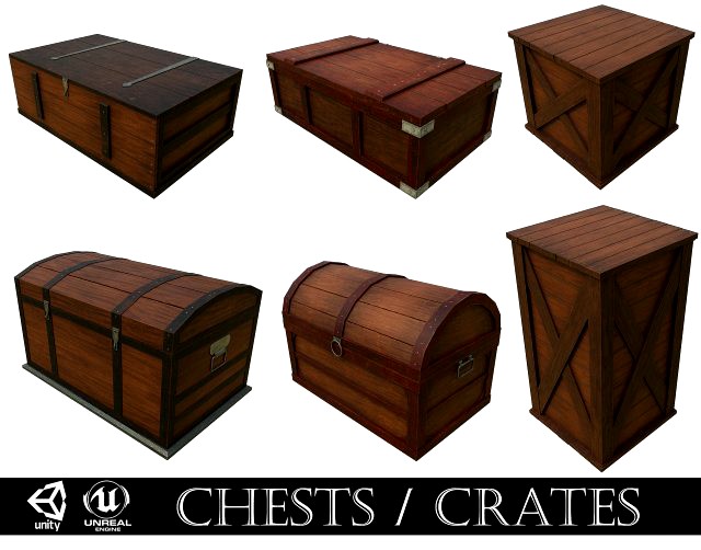 set of 6 medieval wooden chests and crates