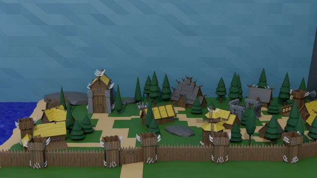 low-poly cartoon viking city asset poly style