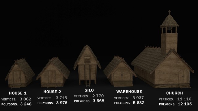 medieval village 5 piece pack 2x house warehouse silo church low-poly