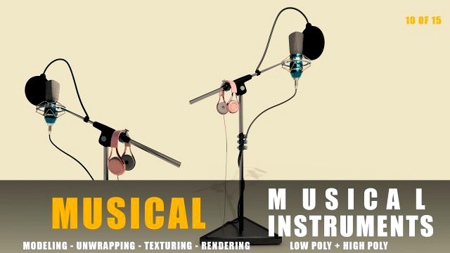 microphone musical instruments full detail low poly and high poly