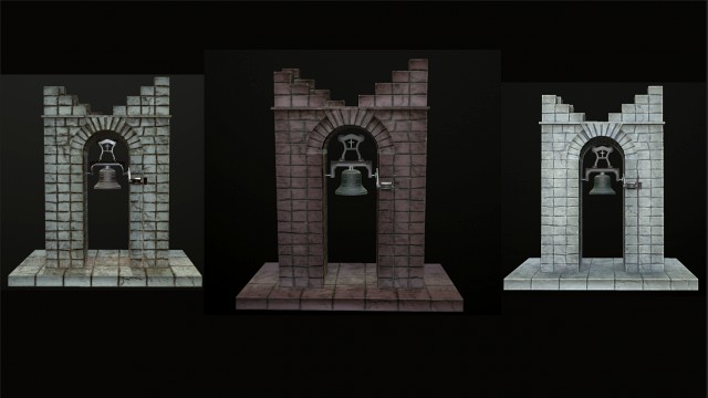 stone bell tower low poly 3 texture options