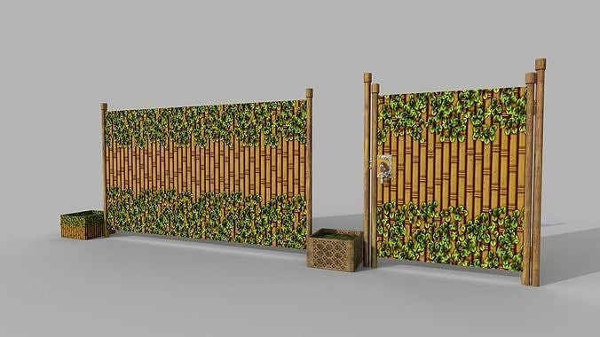 Fence with gate and bamboo PBR low-poly