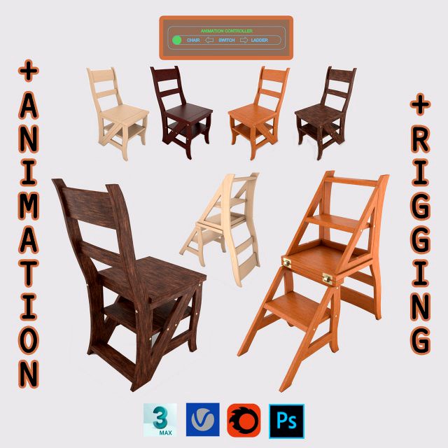 ladder chair with rigging and animation 4 wood versions