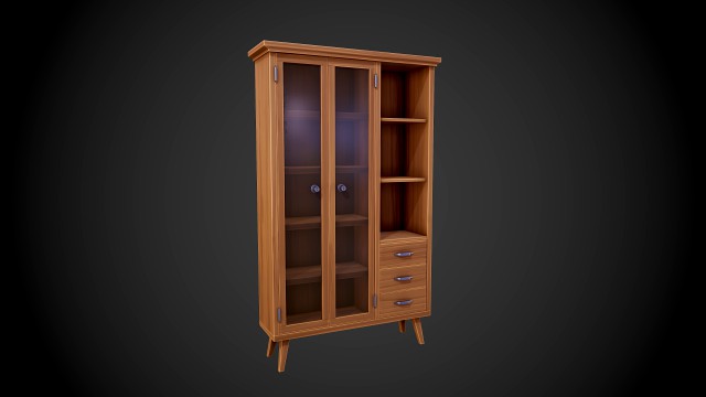 stylized wooden cupboard with glass doors low-poly