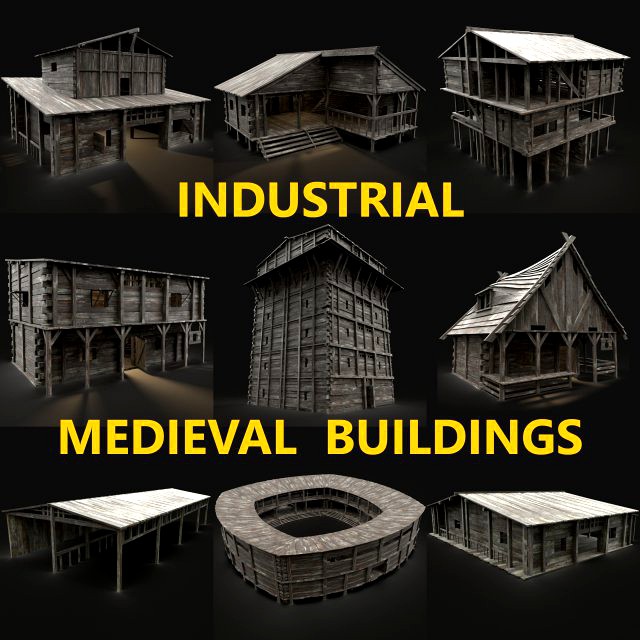 medieval industrail fantasy town village buildings collection
