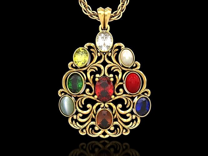 The Navratna 9 Precious Gems Filigree Pendant | 3D