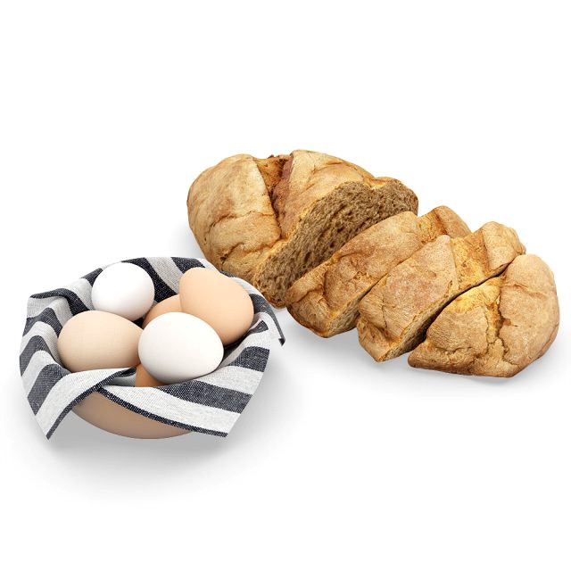 bread with bowl with eggs and towel