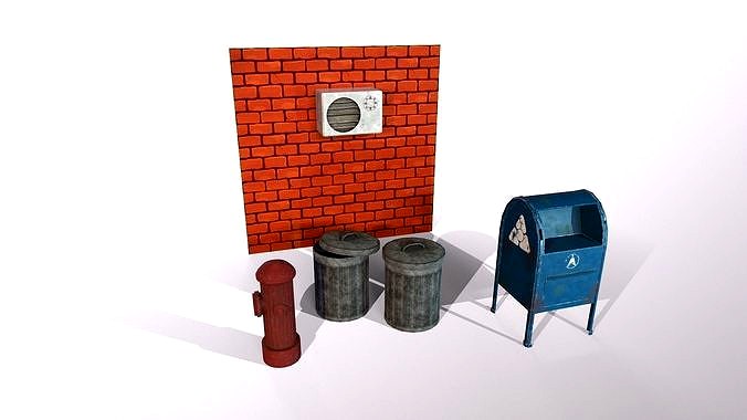 Stylized city street props trash can post box hydrant asset