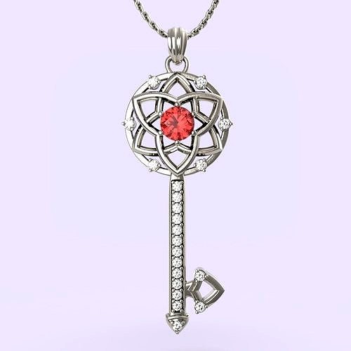Key pendant with simple ornament pattern and stones | 3D