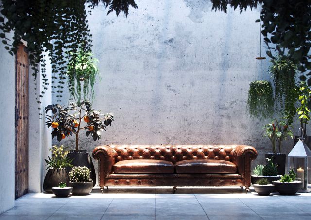 realistic courtyard interior scene with plants in pots - corona render