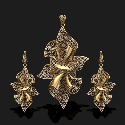 turkey style filigree earring and pendent set for women  | 3D
