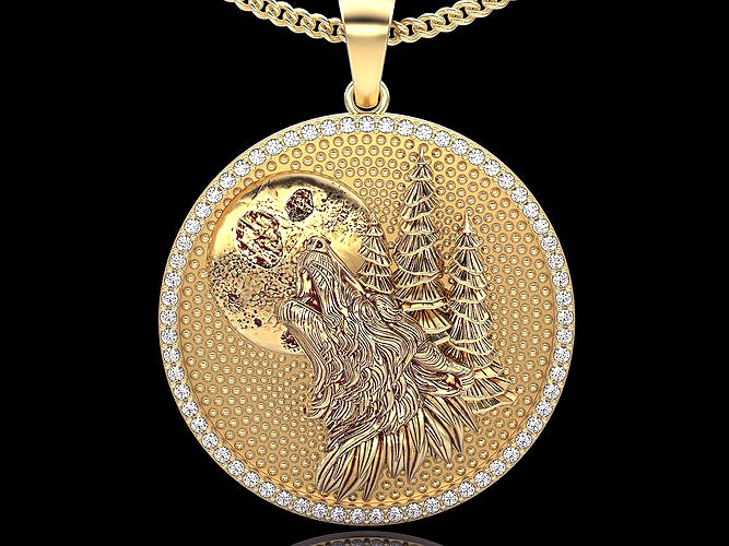 Wolf and moon pendant gold  printable jewelry 3D model | 3D