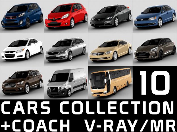 10 cars collection plus coach 3D Model