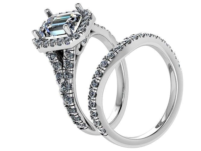 Emerald Cut Halo Ring With Shadow Band 0472 | 3D