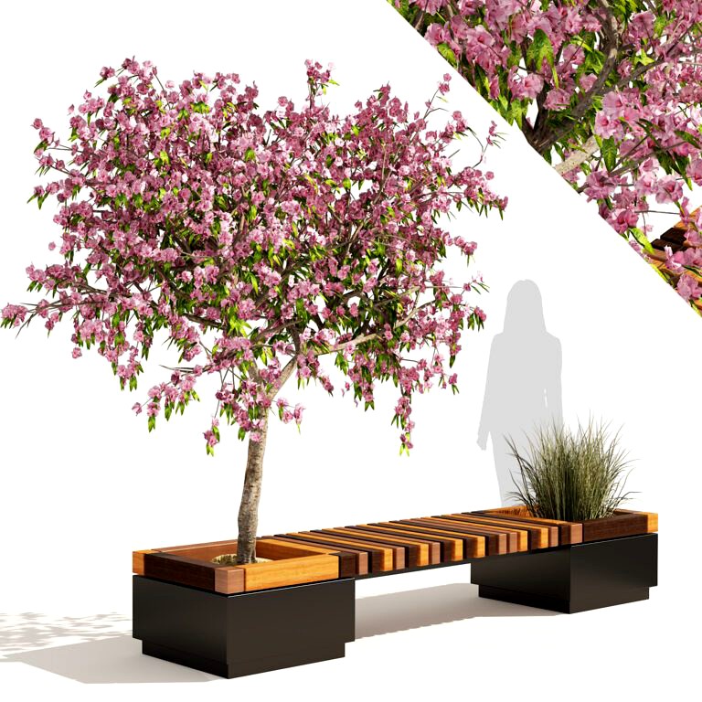 Wood Bench with Peach Flower & Grass Planter (333709)