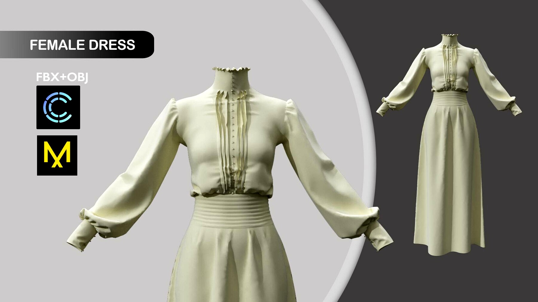 Dress Vintage Style Marvelous Designer/Clo3d project + OBJ + FBX