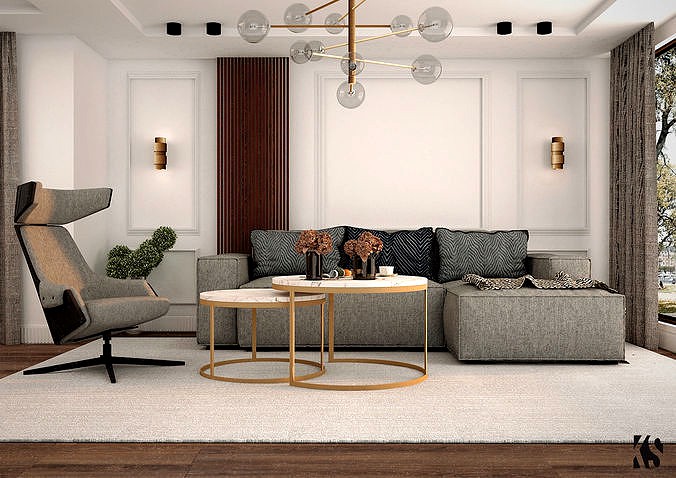 Living Room with Dining Room and Kitchen 3D Model