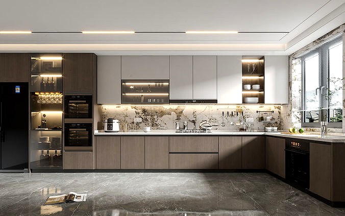 Modern minimalist kitchen and kitchenware 3D model