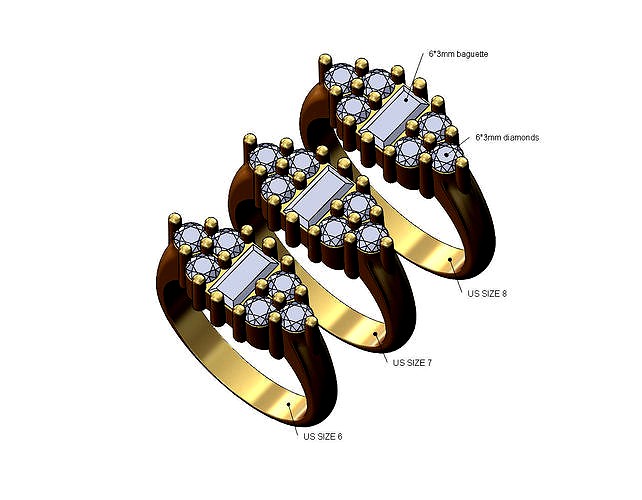 Baguettes and side diamonds cluster ring Us sizes 6 7 8   | 3D