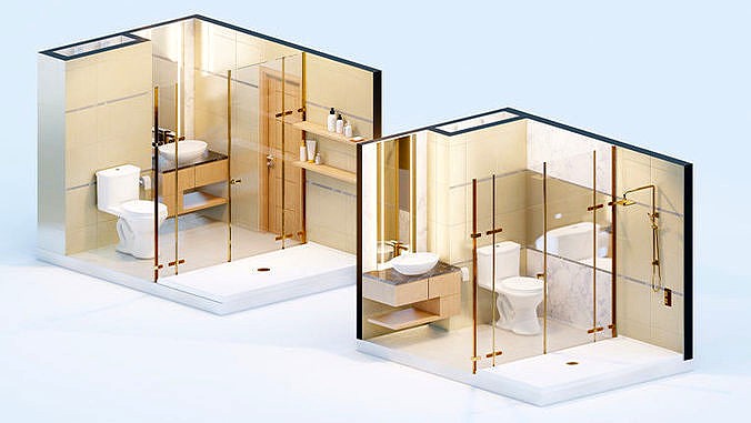 Isometric interior of a toilet with shower enclosure