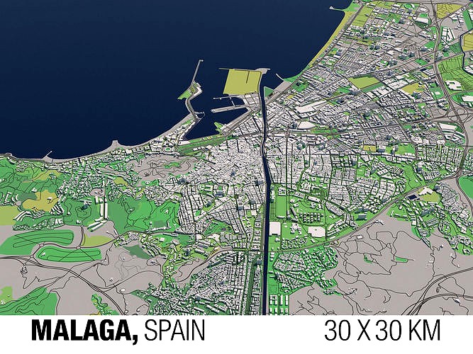 Malaga Spain 30x30km City Map