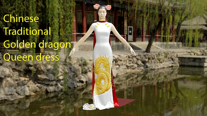 Chinese traditional embroidery golden dragon queen party dress