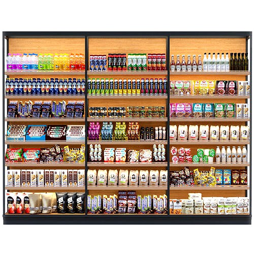 Large showcase in a supermarket with products and sweets
