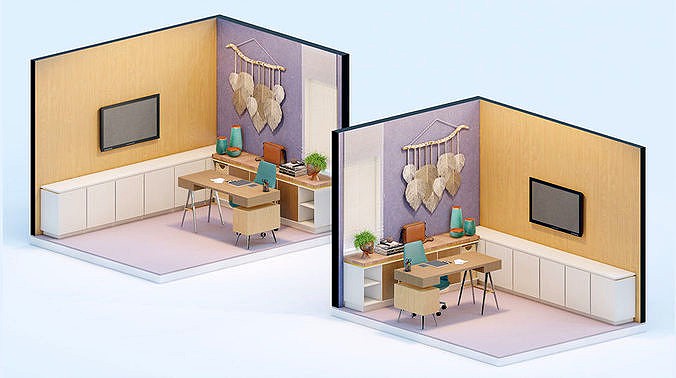 Axonometric view of a Bohemian style study room