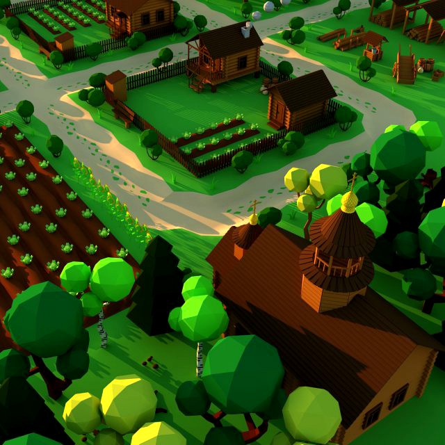 Cute Cartoon Old Wooden Village constructor Collection Low Poly