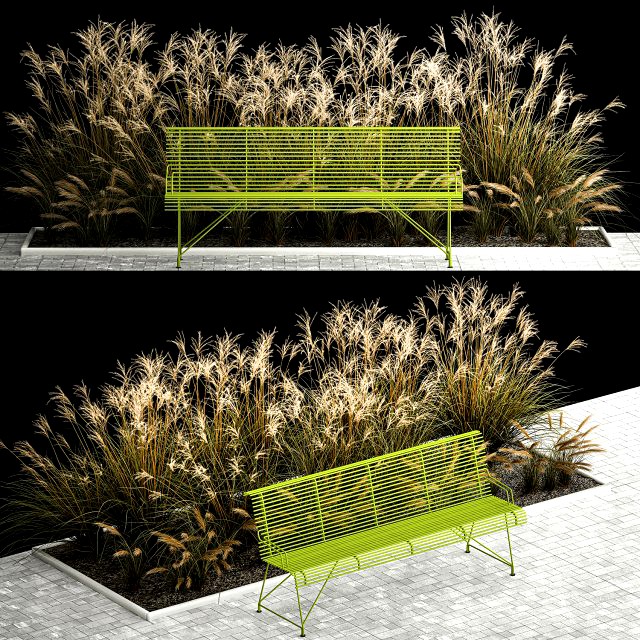 Flowerbed Bench With Bushes Feather Grass 1135