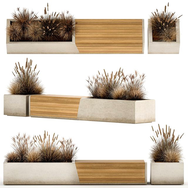 Bench With Flowerpot And Bushes For Outdoor Decor 1142