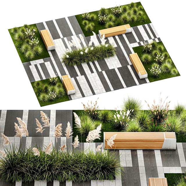 Bushes And A Bench With Paving Slabs For An Urban 1151