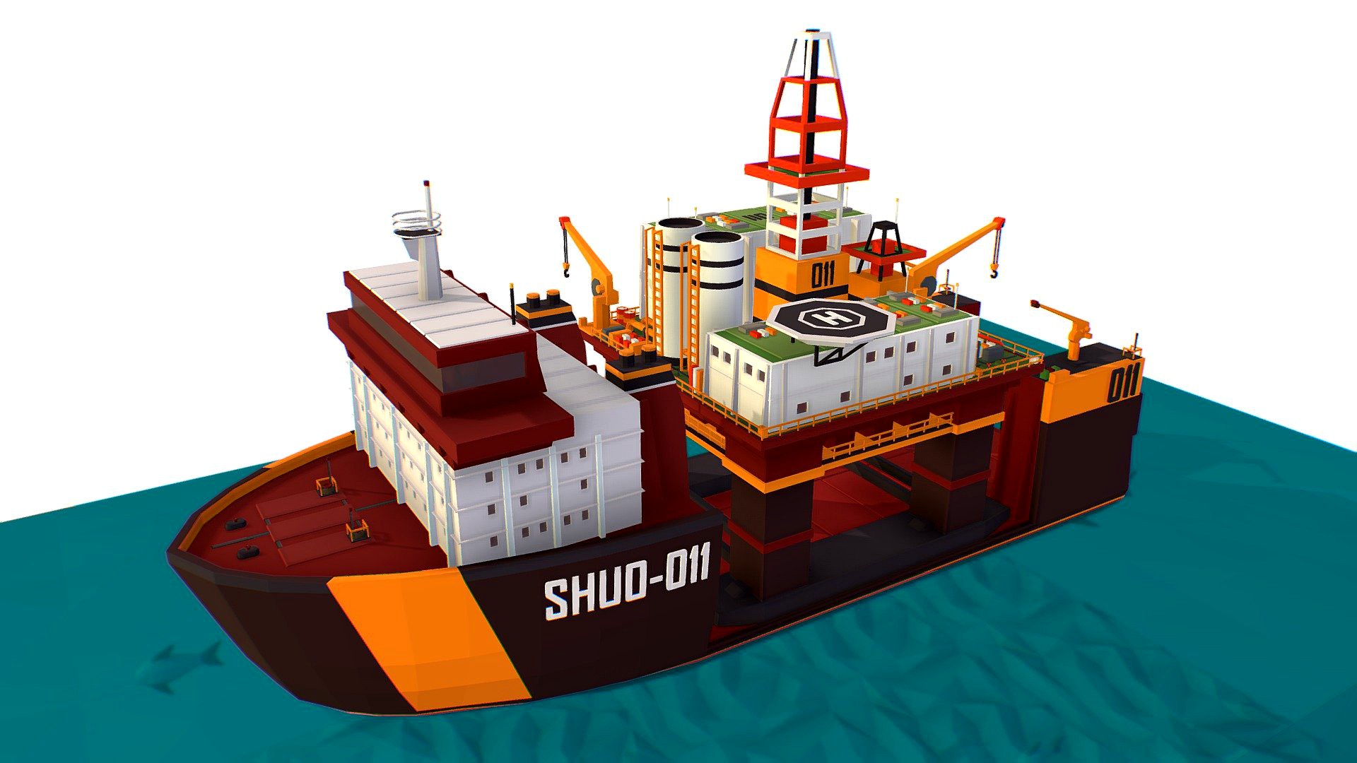 isometric Heavy Lift Vessel with Big Oil Rig
