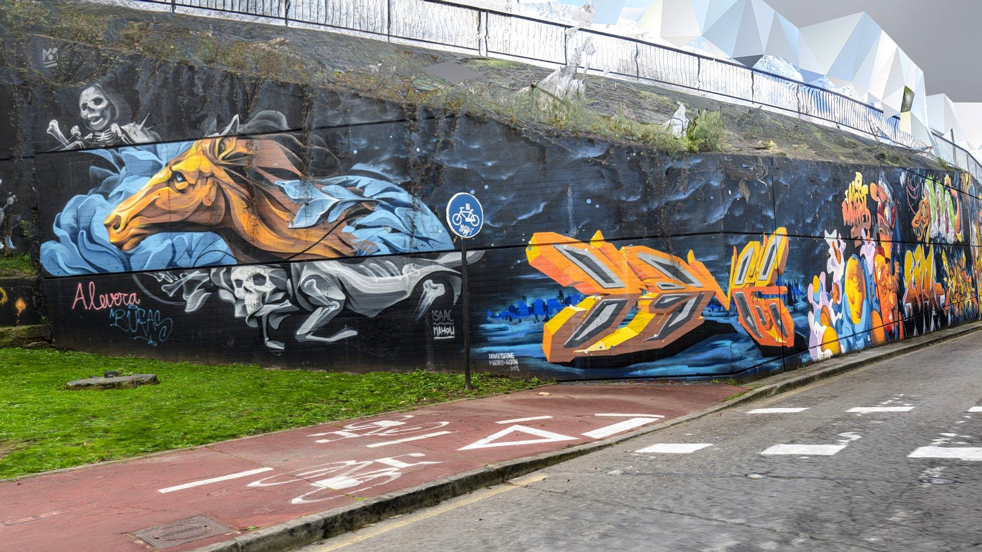 Graffiti wall and bike lane high poly