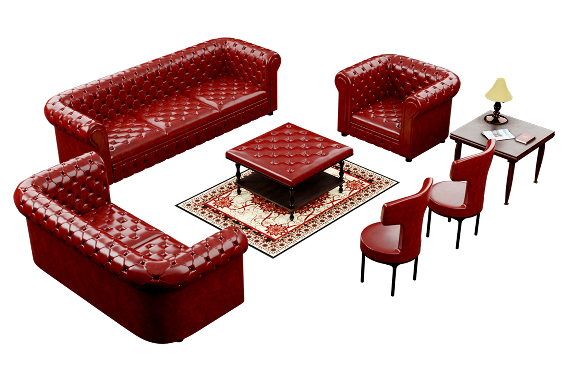Furniture 3D Models - Realistic Red Leather Sofa Set