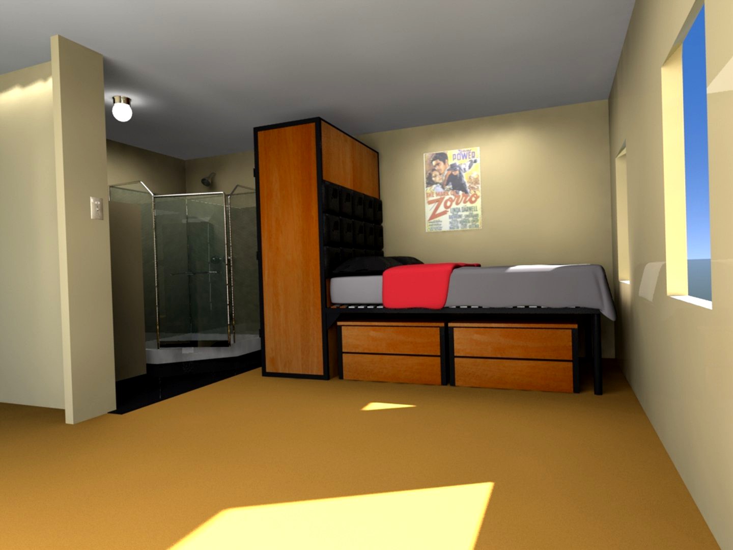 Dorm Room with Bed, Wardrobe and Shower