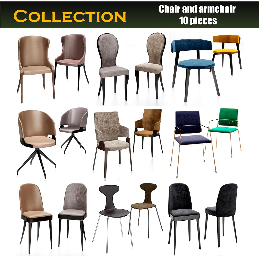 Chair and armchair 3d model collection 10 pieces
