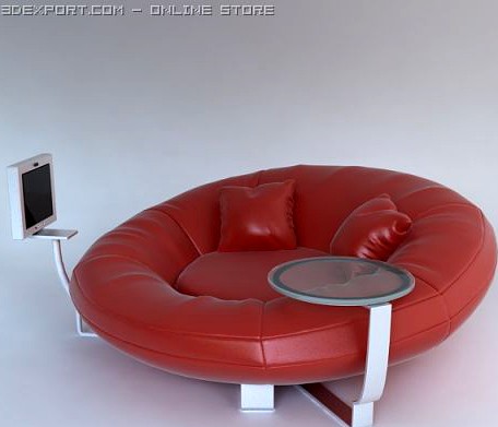 Red leather sofa with pillows and tv 3D Model