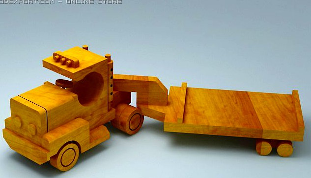 3d model of wood toy truck and low trailer 3D Model
