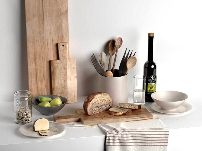 Utensils Choping Boards Fruits Jar Towel and Wine