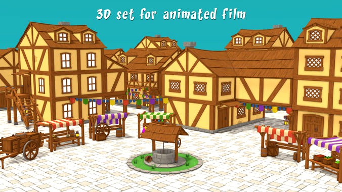 Medieval town - 3D set for animated film