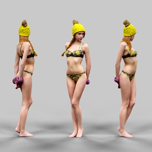 Girl in Yellow Hat Purple Gloves and bikini Posing 1